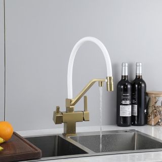 Смеситель для кухни Gappo G4395-63 с подключением фильтра питьевой воды и гибким изливом золото/белый